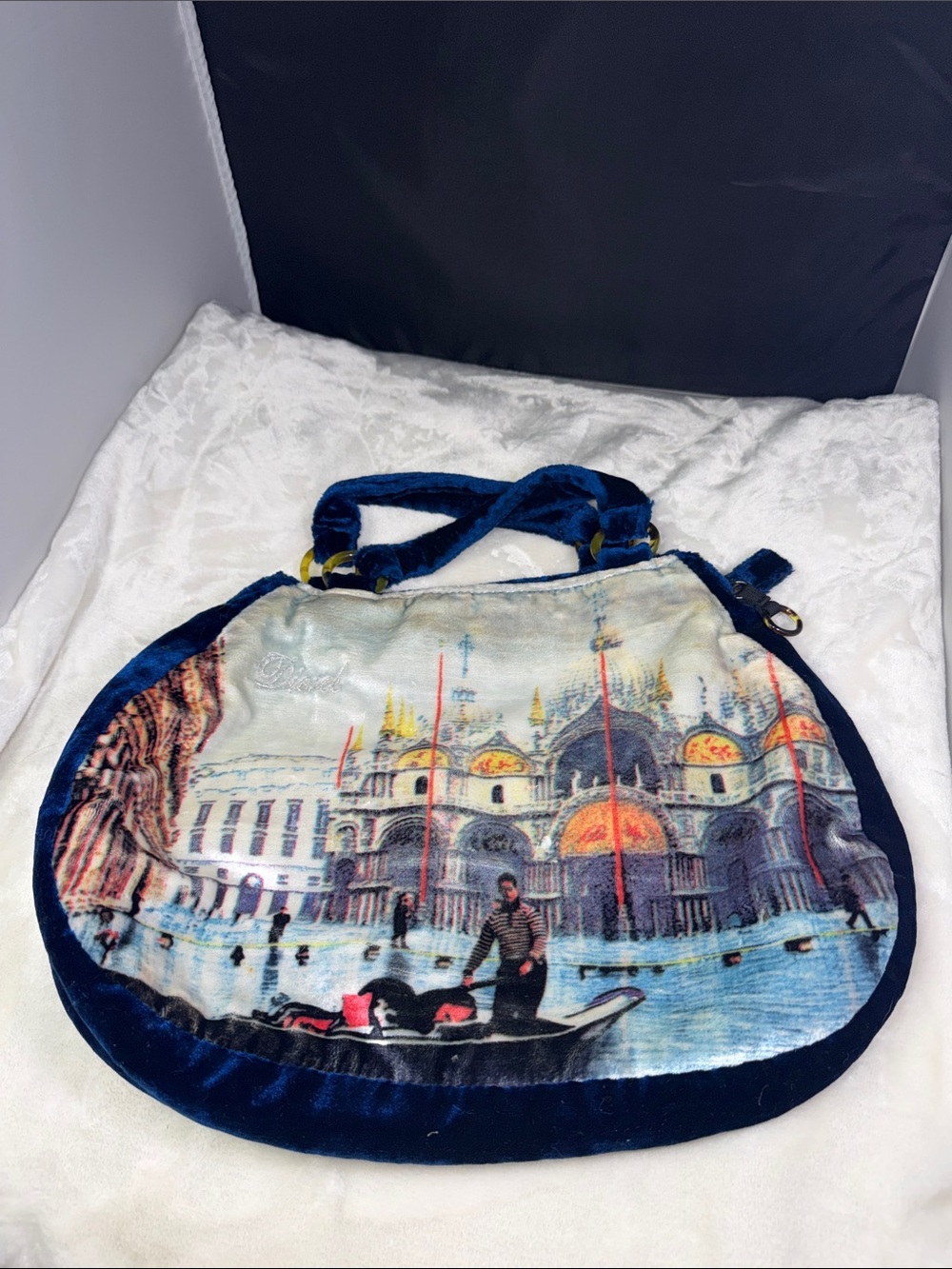 Vintage Diesel Blue Velvet Venice Gondola Print Hobo Handbag Y2K Shoulder Bag